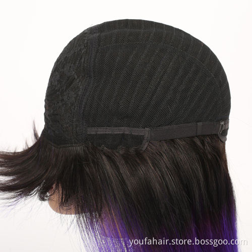 Brazilian 100% Human Hair Straight Full Machine Made Wig Remy Hair for Black Women Ombre 1b Purple Color Non Lace Wig with Bangs
